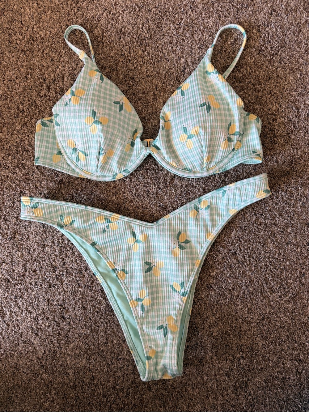 Hollister Mint Gingham Bikini Set with Yellow Lemon Print